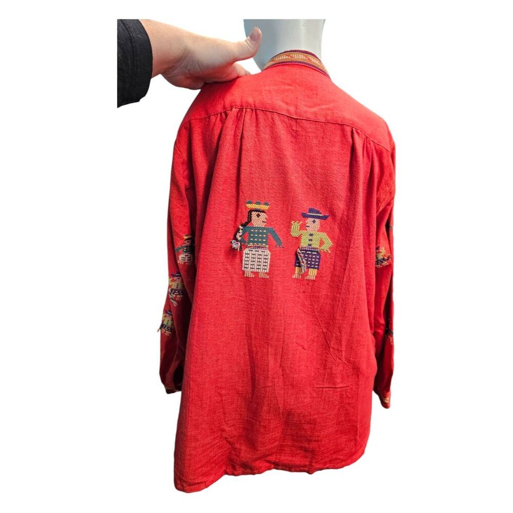 Mayan Modern Vintage Red Woven Embroidered Red Jacket Size XL Cotton